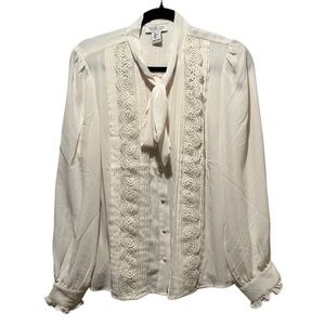Rachel Zoe Cream‎ Ruffled Bib Tie Collar Blouse Size L